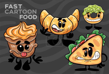 Un conjunto de personajes de dibujos animados de comida rápida. Ilustración vectorial dibujada a mano