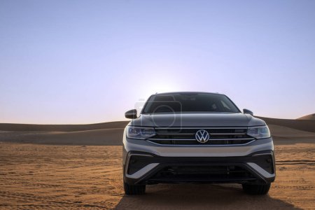 Photo for Volkswagen Tiguan allspace in the sand of the Namib desert at a bright sky. Walvis Bay, Namibia. - Royalty Free Image