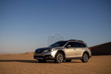 Subaru  standing in the middle of the desert. Walvis Bay, Namibia. Africa