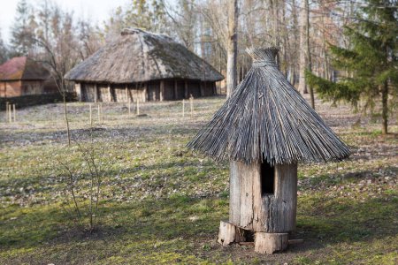 Ancienne ruche en bois et paille dans le jardin. Ancien village ukrainien. Apiculture.