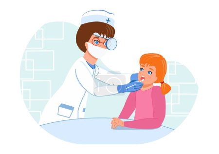 Der Arzt entnimmt dem Kind eine Bakterienprobe und einen Abstrich aus dem Mund. Abbildung. Grafik. Unter der Maske. Zeichnung mit Figuren. Thema Gesundheit. 