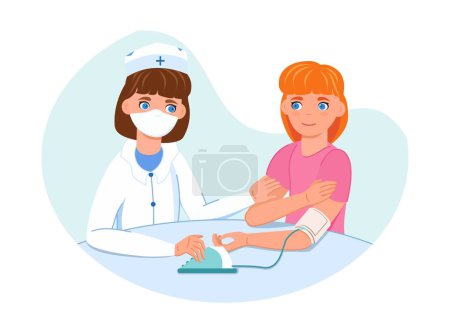 Illustration for Cardiologist measures blood pressure of a young girl. Vector. Graphics. Cartoon illustration under a mask. Used for magazines, websites, advertisements, posters and web design. - Royalty Free Image