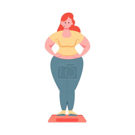Illustration for A fat woman weighing herself on the scale. Struggling with being overweight. Young female character watching her health.  Cartoon, flat, vector drawing. - Royalty Free Image