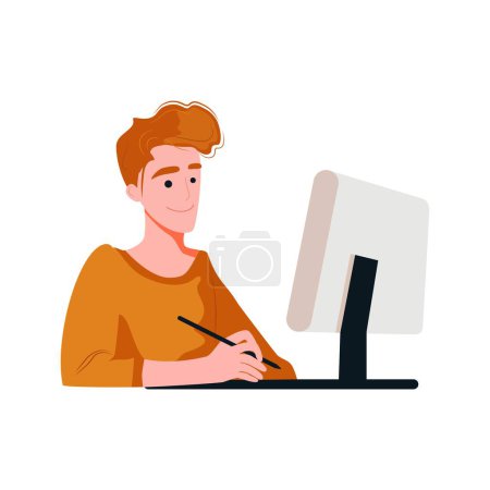Foto de Un diseñador gráfico en el trabajo. Un joven desarrollador web que trabaja en un proyecto. Trabajando en su computadora, usando una tableta gráfica. Dibujos animados, plano, dibujo, vector. Fondo blanco. - Imagen libre de derechos