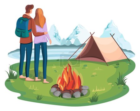 Camping by the lake with a tent by the fire. A couple in love spending a weekend in nature. Outdoor tent camping next to a forest, lake and rocks. Guy and girl enjoying the scenery. Vector. General plan. Cartoon illustration. 