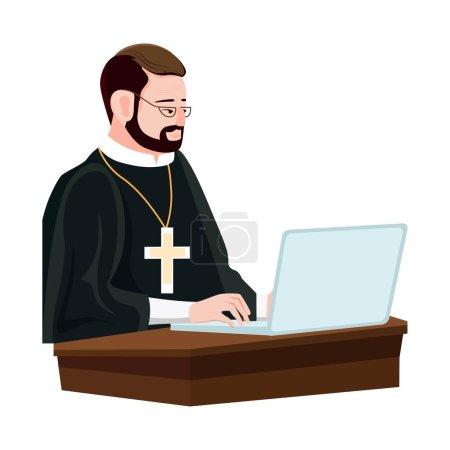 Ilustración de Un sacerdote se sienta en su computadora portátil. Un santo en una sotana negra se comunica en línea. Trabajo en línea. - Imagen libre de derechos