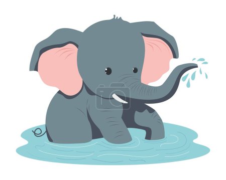 Téléchargez les illustrations : Un éléphant se baigne dans une flaque. Bébé éléphant eau potable. Personnage de bande dessinée, bande dessinée. Mammifère animal sauvage. Vecteur. Fond blanc. Dessin drôle d'éléphant pour la conception d'impression et de Web. - en licence libre de droit
