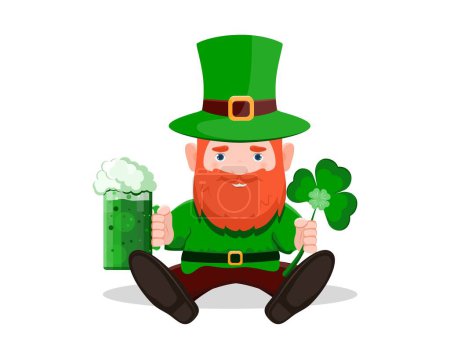 Téléchargez les illustrations : Saint Patrick. Dessin vectoriel d'une fête irlandaise pour la Saint-Patrick. Lutin en costume vert avec trèfle et un verre de soda mousseux. Fond blanc. - en licence libre de droit