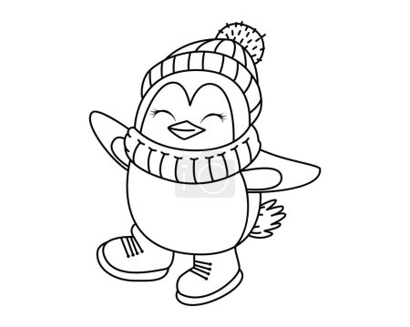 Pingüino. Cartoon Bird. Divertidos patines antárticos. Libro para colorear para niños. Vector. Esquema de dibujo para la impresión, revistas, ilustraciones para niños. Se utiliza para el diseño web. Fondo blanco. 