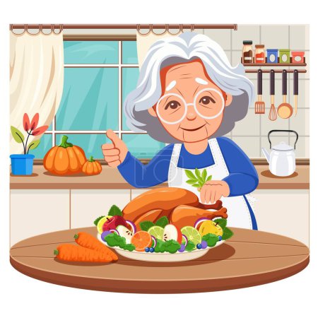 Illustration for An elderly woman is cooking turkey meat in the kitchen.   Cooking a dish for a holiday. Cooking recipe. Grandmother serves a traditional dish for Thanksgiving. Can be used to decorate any holidays. - Royalty Free Image