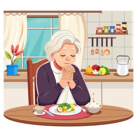 Illustration for Elderly woman in the kitchen at the table alone praying before the meal. A ritual or prayer for the repose of the soul of the deceased on a memorial day. Or can be used for Thanksgiving. - Royalty Free Image