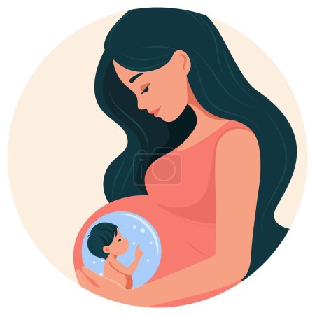 Illustration for Pregnant woman holding her hands on her stomach communicating with her unborn baby. Vector illustration on the theme of carrying a fetus, medicine and health. - Royalty Free Image