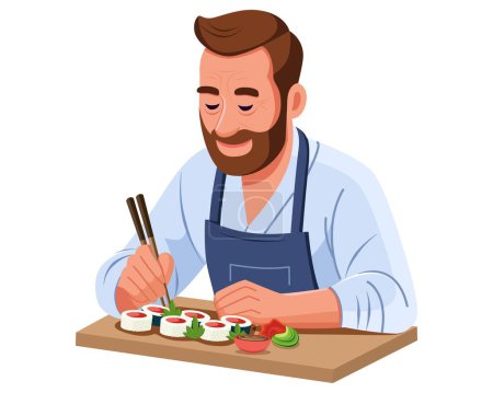 Illustration for A sushi master tasting finished sushi rolls lying on a wooden cutting board. A man in work clothes taking food during his lunch break. Vector. Cartoon. Flat, simple style. Close-up. White background. - Royalty Free Image