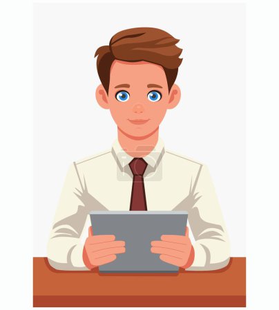 Junger Student im Business-Anzug arbeitet an einem Tablet. Ein Teenager mit Krawatte hält ein Touchscreen-Tablet in der Hand. Konzept der Arbeit, des Lernens, des Erwerbs eines Berufs, der Unterhaltung und der Erholung.