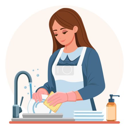 A woman in work clothes washing dishes. Nanny services. A maid washing dishes in a hotel room. Concept of service to the public and guests from abroad. Cleaning services from a cleaning company.