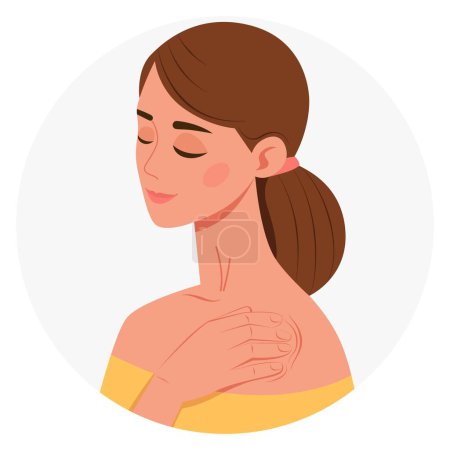 Massage des épaules. Fille massant le cou et les épaules. Auto-massage. Procédure d'auto-traitement des douleurs musculaires et articulaires. Le concept de santé et de médecine. Vecteur. Plat. Simple.