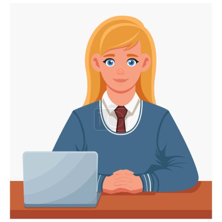 Girl student working at a computer. A teenager in a tie is working at an electronic device. Concept of work, learning, getting a profession, entertainment and recreation.
