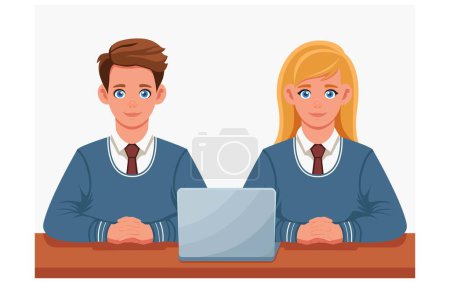 Young students in school suits sit at the same desk and study on a laptop. A teenage boy and a girl in a tie are studying online on an electronic device.