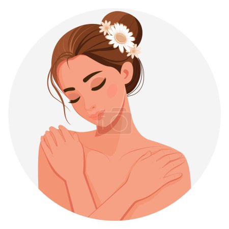 Illustration for A girl uses her hands to relieve pain in the neck and shoulder area. Self-massage to relieve fatigue and tension. Concept of health and medicine. Vector. Round background - Royalty Free Image