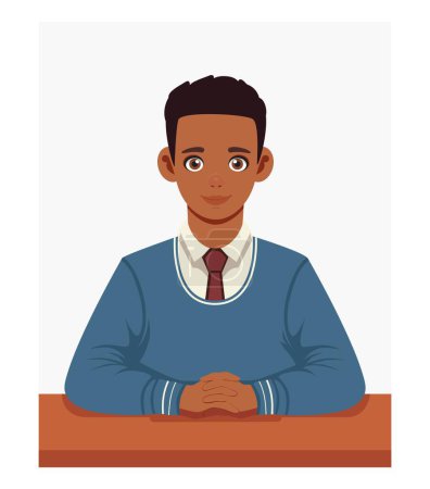 Junger Mann, Student, Afroamerikaner, sitzt an einem Schreibtisch. Konzept des Erwerbs eines Berufs, eines Studiums, einer Arbeit, Fähigkeiten. Vektor.