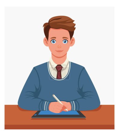 A student sits at a desk studying to be a graphic designer using a graphics tablet. Artist drawing on touch screen. Vector. Cartoon concept of studying, working, practicing and getting a profession, internship in an office.