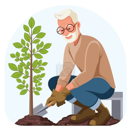 Elderly man planting a young fruit tree in the ground. Concept of work in the garden and vegetable garden, landscape design, agricultural culture, growing fruit trees on the plot. Spring-autumn. Vector. For web design.