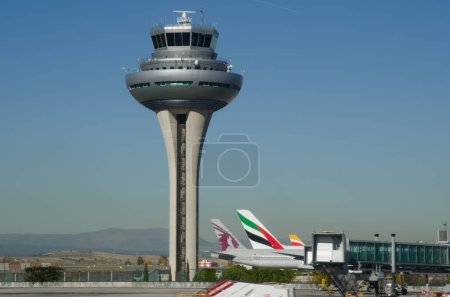 Photo for Madrid, November 14, 2017: Control tower of the Adolfo Suarez Madrid-Barajas Airport. Spain. - Royalty Free Image