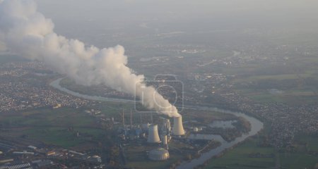 Photo for Grosskrotzenburg Power Station on the Maine river from air. Hesse. Germany. - Royalty Free Image