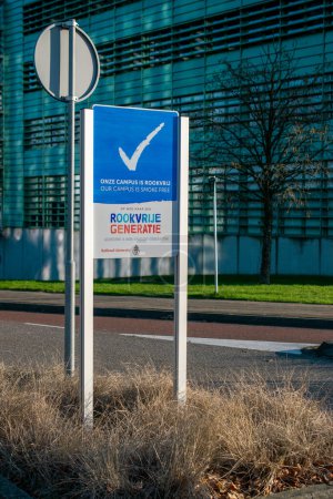 Photo for Nijmegen, Gelderland, The Netherlands, January 29 2023: A sign next to the road is indicating that people are in a smoke free zone, part of the 'smoke free generation' campaign - Royalty Free Image