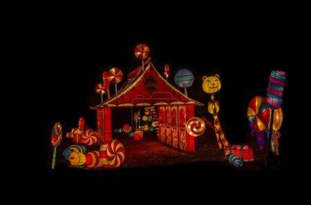 Téléchargez les photos : Insolite festival lanterne culture chinoise formes fantaisistes fleurs paysage fond noir. - en image libre de droit