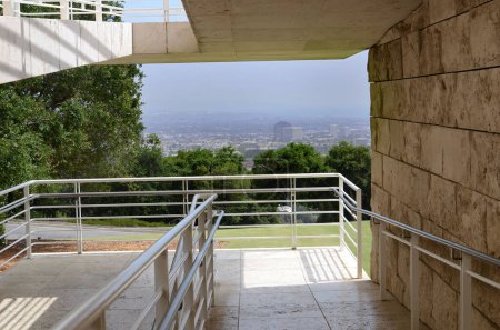 Los Angeles California America May 18, 2023 The Getty Museum is the largest art museum in California view of the city through the opening of the museum building.