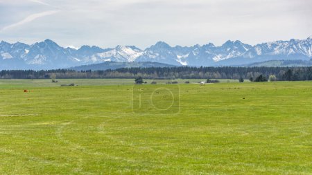 Small airplane on the sport grass airfield in Nowy Targ. Tatra mountain in the background.