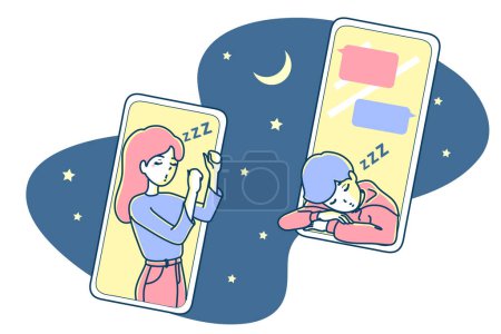 Illustration for Men and women who fall asleep while chatting. obsessed with social media. - Royalty Free Image