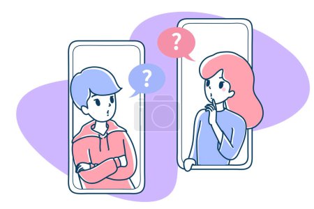 Illustration for Man and woman thinking about something while chatting on mobile.Men and women communicating on SNS. - Royalty Free Image