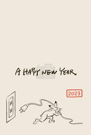 Illustration for A New Years card with a picture of a Choju-gig-style rabbit happily unplugging.Vector Illustration. - Royalty Free Image