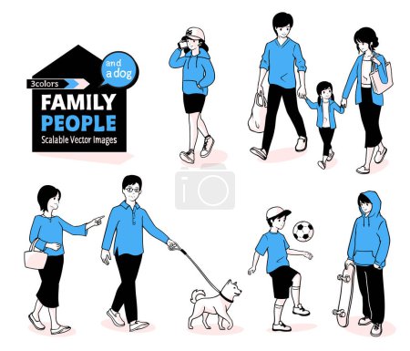 Téléchargez les illustrations : Les gens de famille scène. Des gens de tous âges et un chien.Illustration vectorielle.3couleurs. - en licence libre de droit