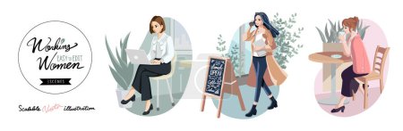 Foto de Mujeres jóvenes en el trabajo. tres escenas. personajes set.Young mujeres usando computadoras portátiles, hablando en el teléfono inteligente, sentado en cafe.Scalable Vector Illustration. - Imagen libre de derechos