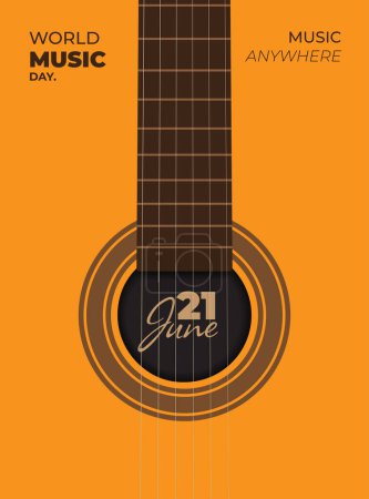 Vorlage für den Weltmusiktag auf gelbem Hintergrund mit Text vom 21. Juni auf dem Schallloch der Gitarre