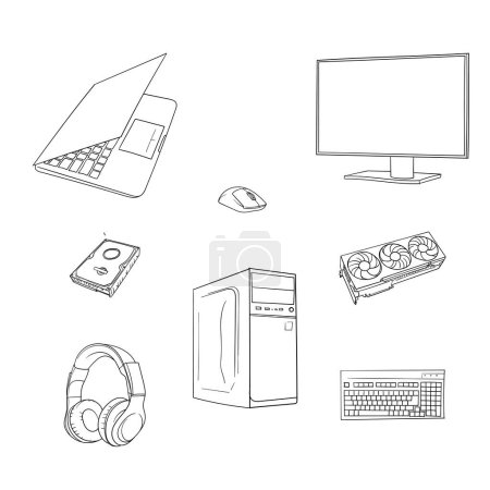 Téléchargez les illustrations : Jeu de conception de pièces d'ordinateur en dessin à la main pour la journée de l'ordinateur - en licence libre de droit