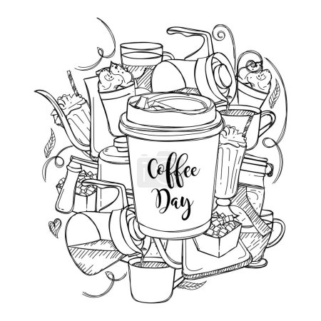 Illustration for International coffee day in doodle art of coffee design - Royalty Free Image