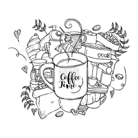 Illustration for International coffee day design in doodle art with coffee mug, croissant, beans - Royalty Free Image