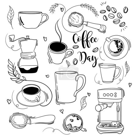Illustration for Coffee day template design with hand drawn of mug and coffee maker - Royalty Free Image