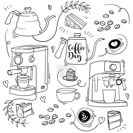 Téléchargez les illustrations : Dessiné à la main de café dans un design rétro pour la journée internationale du café - en licence libre de droit