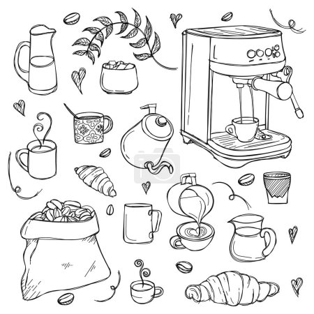 Illustration for Hand drawn of coffee design with coffee maker tools design for coffee day or cafe wallpaper - Royalty Free Image