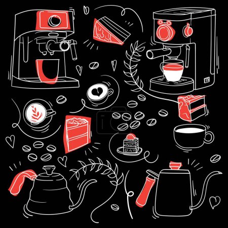 Illustration for Hand drawn design of coffee maker and mug for cafe wallpaper design - Royalty Free Image
