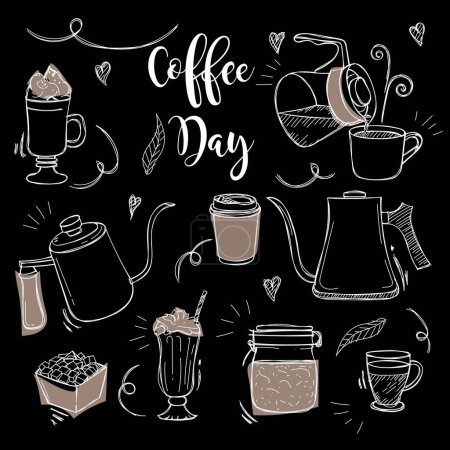 Illustration for Cafe wallpaper or coffee day campaign template in hand drawn of coffee - Royalty Free Image