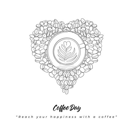 Illustration for Coffee cup hand drawn design surrounded by coffee that forms a heart - Royalty Free Image