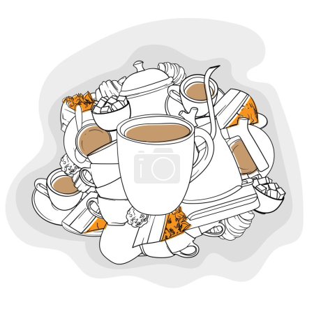 Illustration for Hand drawn art of coffee cups and desserts design - Royalty Free Image