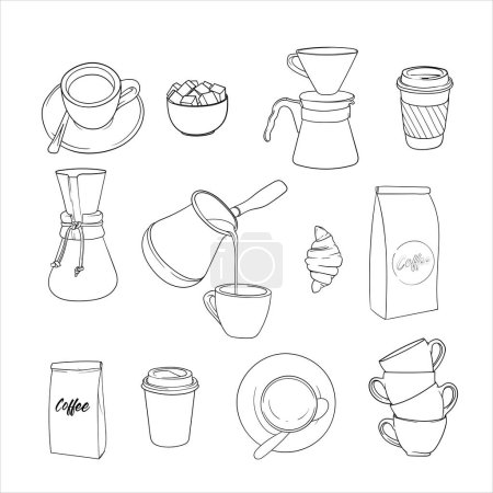 Illustration for Set of coffee icons in line art design for coffee shop template - Royalty Free Image