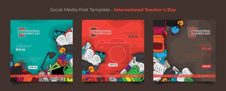Illustration for Social media post template with learning tools in colorful hand drawn design - Royalty Free Image